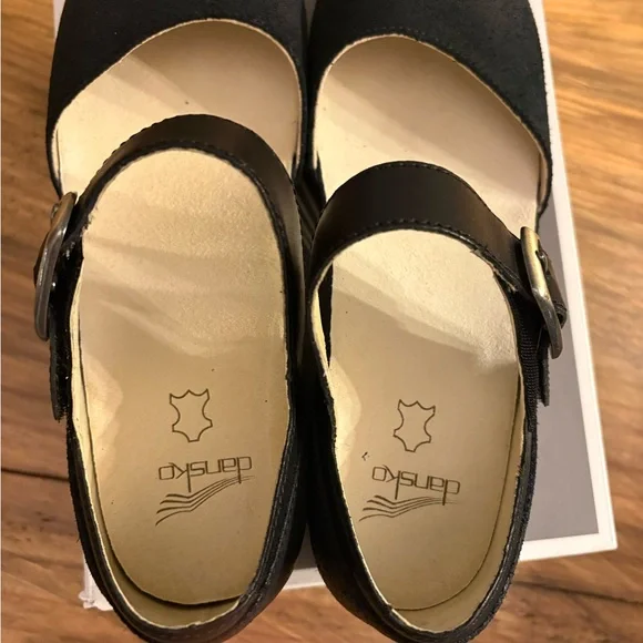 Dansko Black Buckle Strap Mae Burnished Suede wedge shoes 38 NIB - Picture 5 of 6